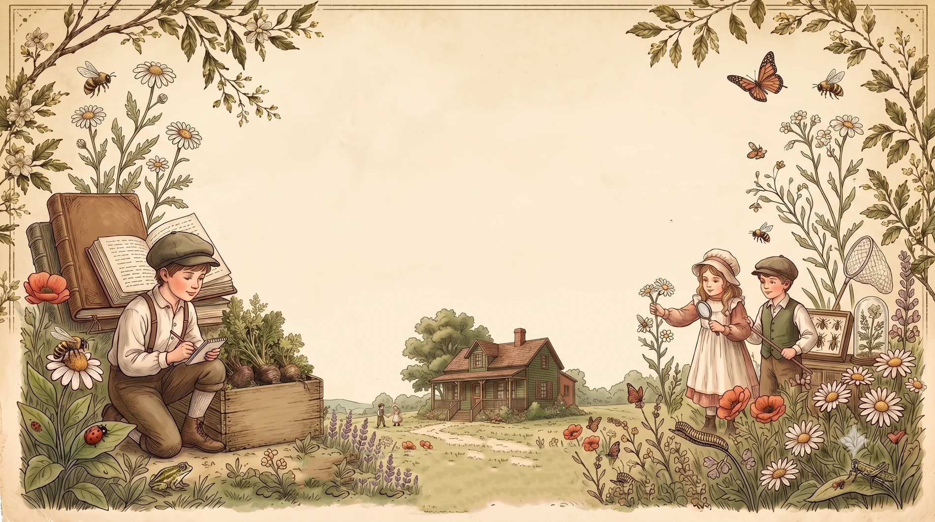 Crianças explorando a natureza, com casa de campo, flores, insetos e livros — o universo do Clube Gaia.