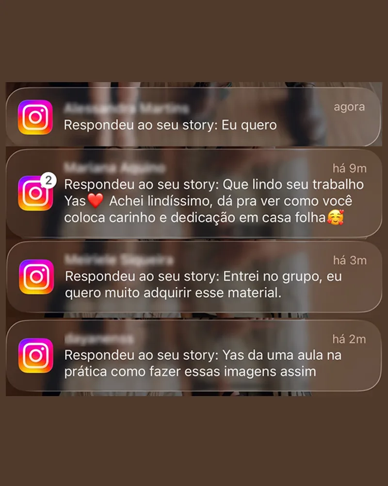Várias seguidoras respondem aos stories no Instagram elogiando e pedindo o material: “Eu quero”, “Que lindo seu trabalho”, “Entrei no grupo, quero muito adquirir esse material”.