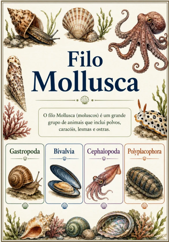 Amostra do material de Biologia do Clube Gaia sobre o Filo Mollusca — anatomia e classes de moluscos, pronto para imprimir.
