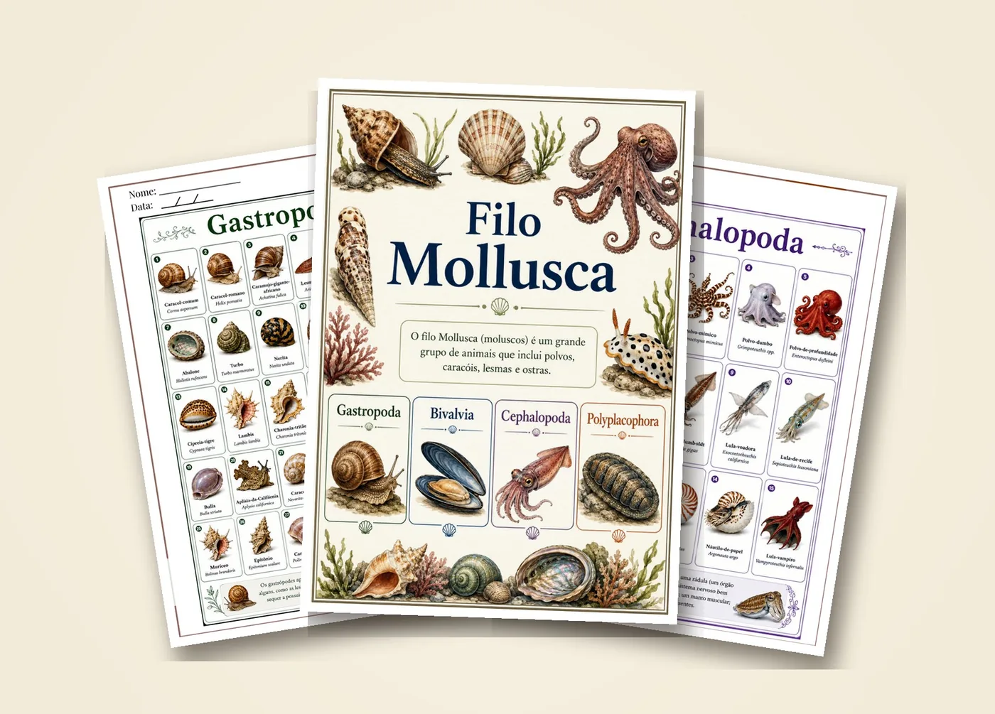 Materiais impressos do Clube Gaia de Biologia, Zoologia e Astronomia organizados sobre a mesa com lápis de cor e itens da natureza.